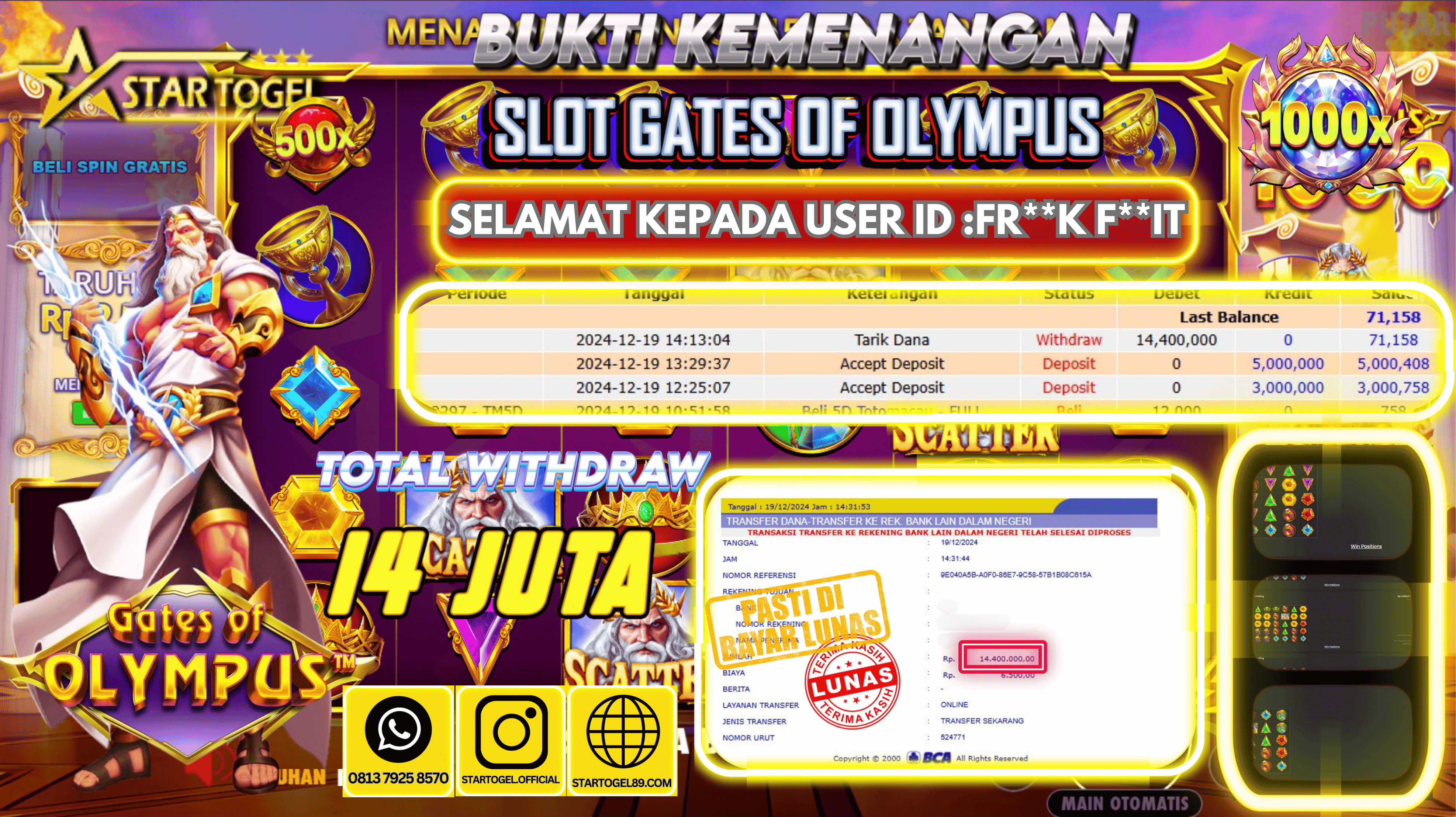 JACKPOT SLOT GATES OF OLYMPUS HINGGA 14 JUTA,  19 DESEMBER 2024