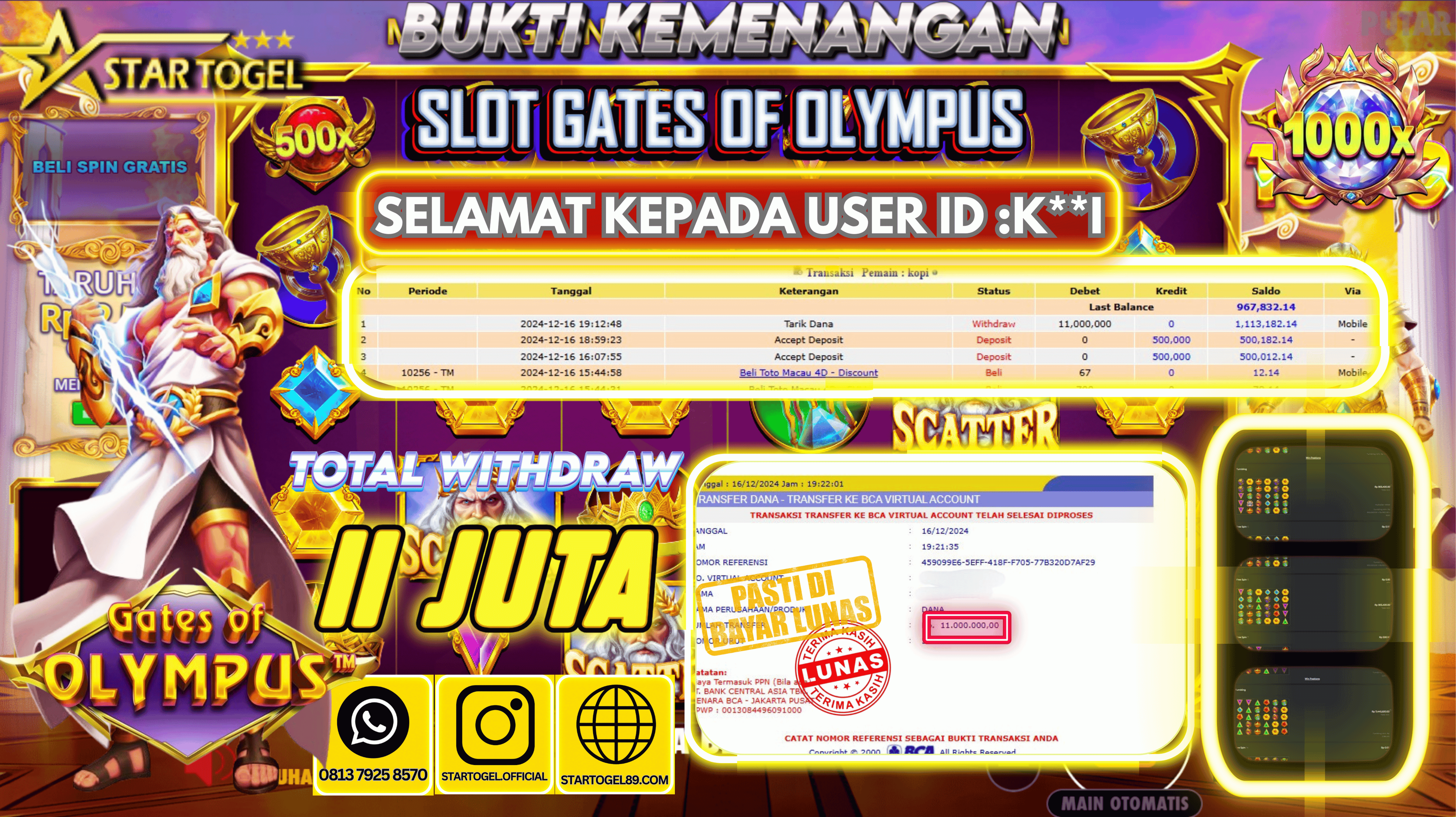 JACKPOT SLOT GATES OF OLYMPUS HINGGA 11 JUTA,  16 DESEMBER 2024