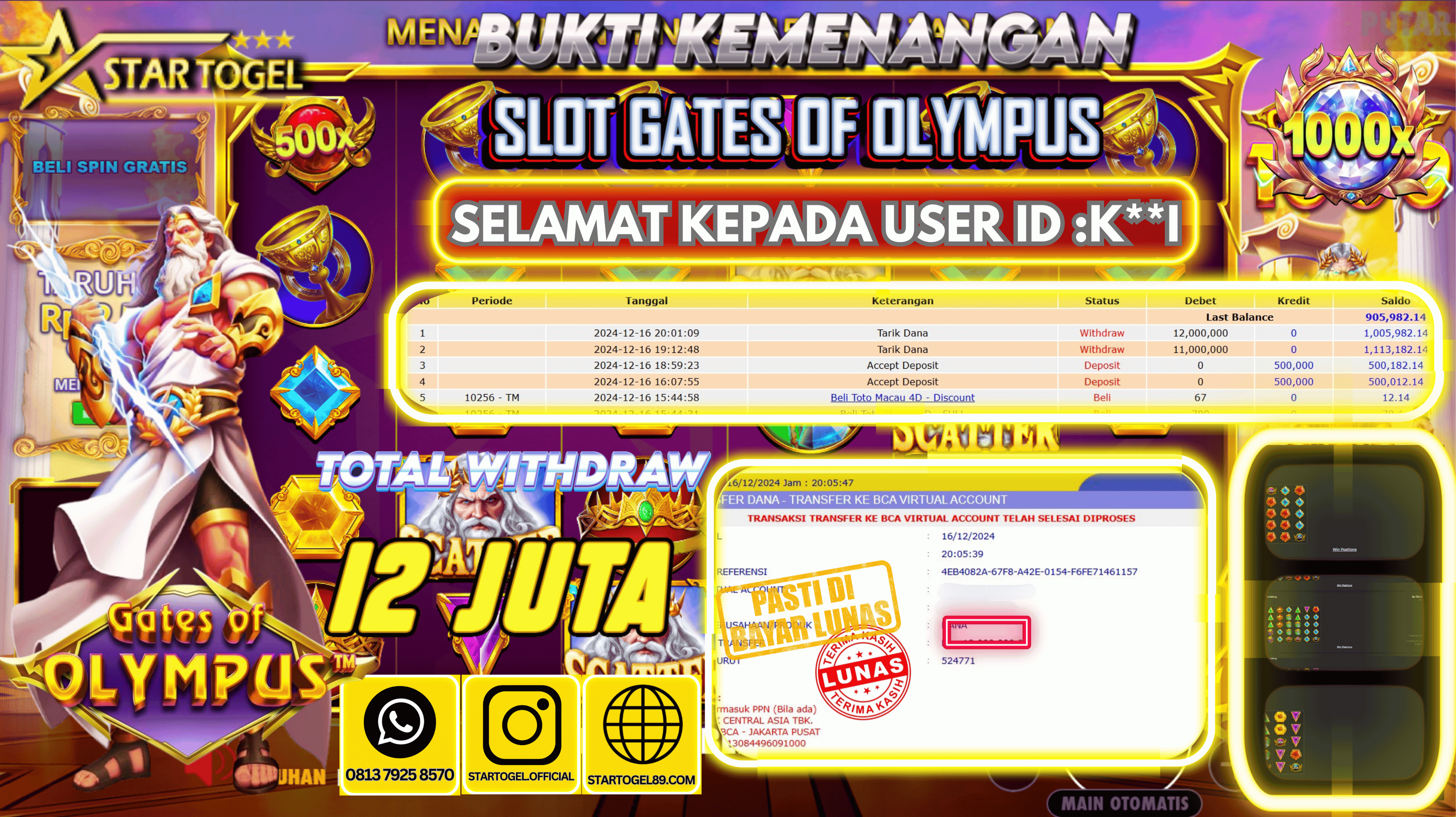 JACKPOT SLOT GATES OF OLYMPUS HINGGA 12 JUTA,  17 DESEMBER 2024