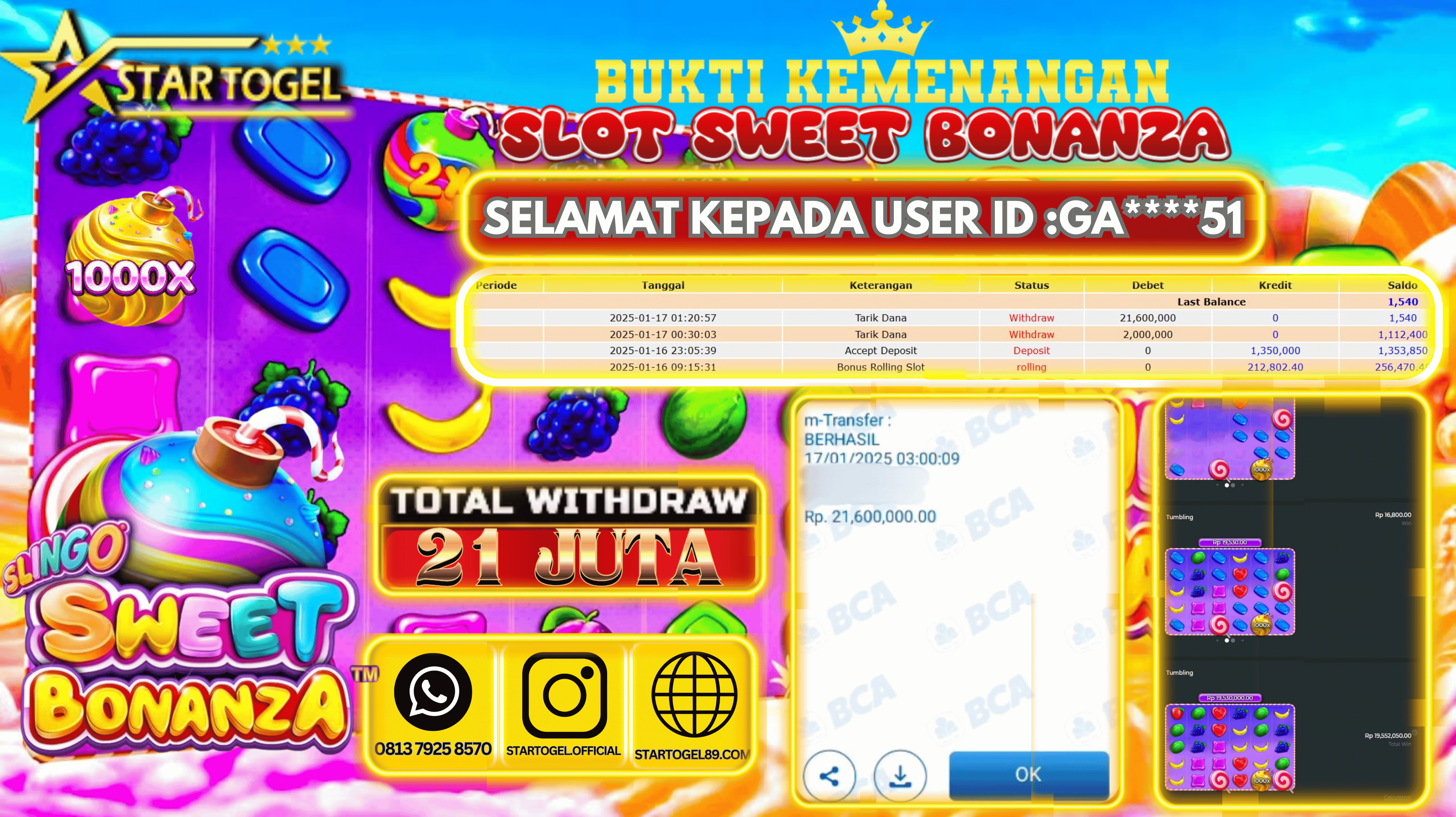 JACKPOT SLOT SWEET BONANZA 1000 HINGGA 21 JUTA, 17 JANUARY 2025