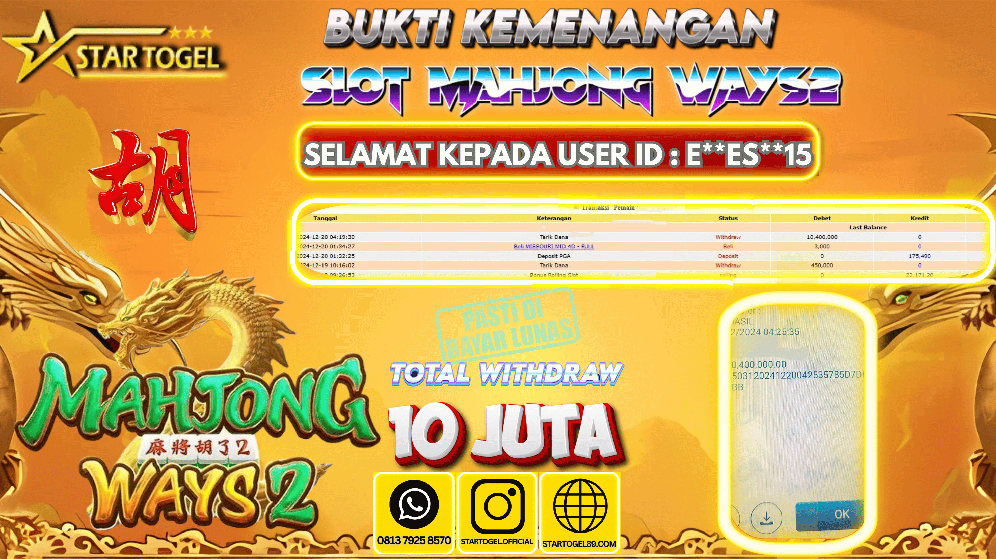 JACKPOT SLOT MAHJONG WAYS2 HINGGA 10 JUTA,20 DECEMBER 2024