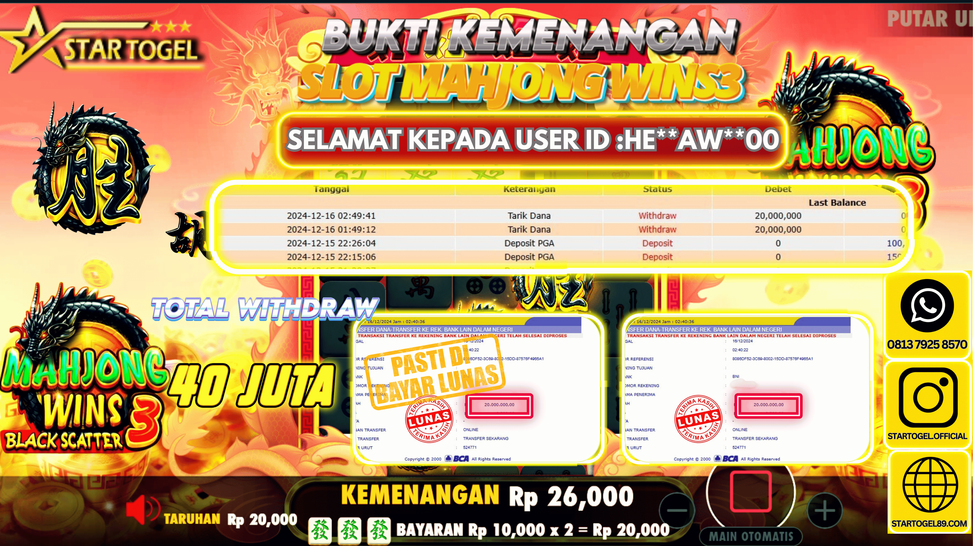 JACKPOT SLOT MAHJONG WINS3 BLACK SCATTER HINGGA 40 JUTA,16 DECEMBER 2024