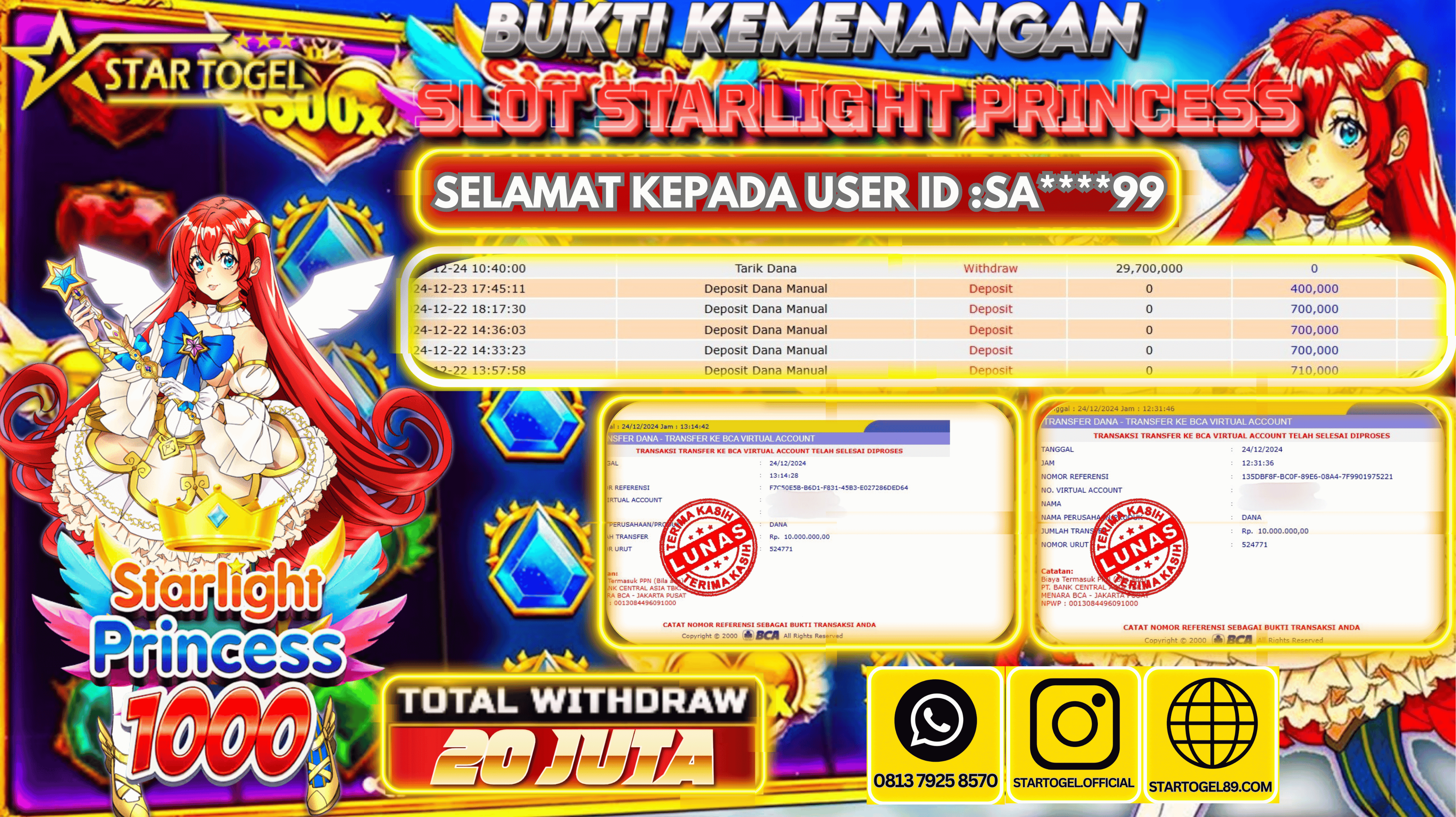 JACKPOT SLOT STARLIGHT PRINCESS HINGGA 20 JUTA, 24 DESEMBER 2024