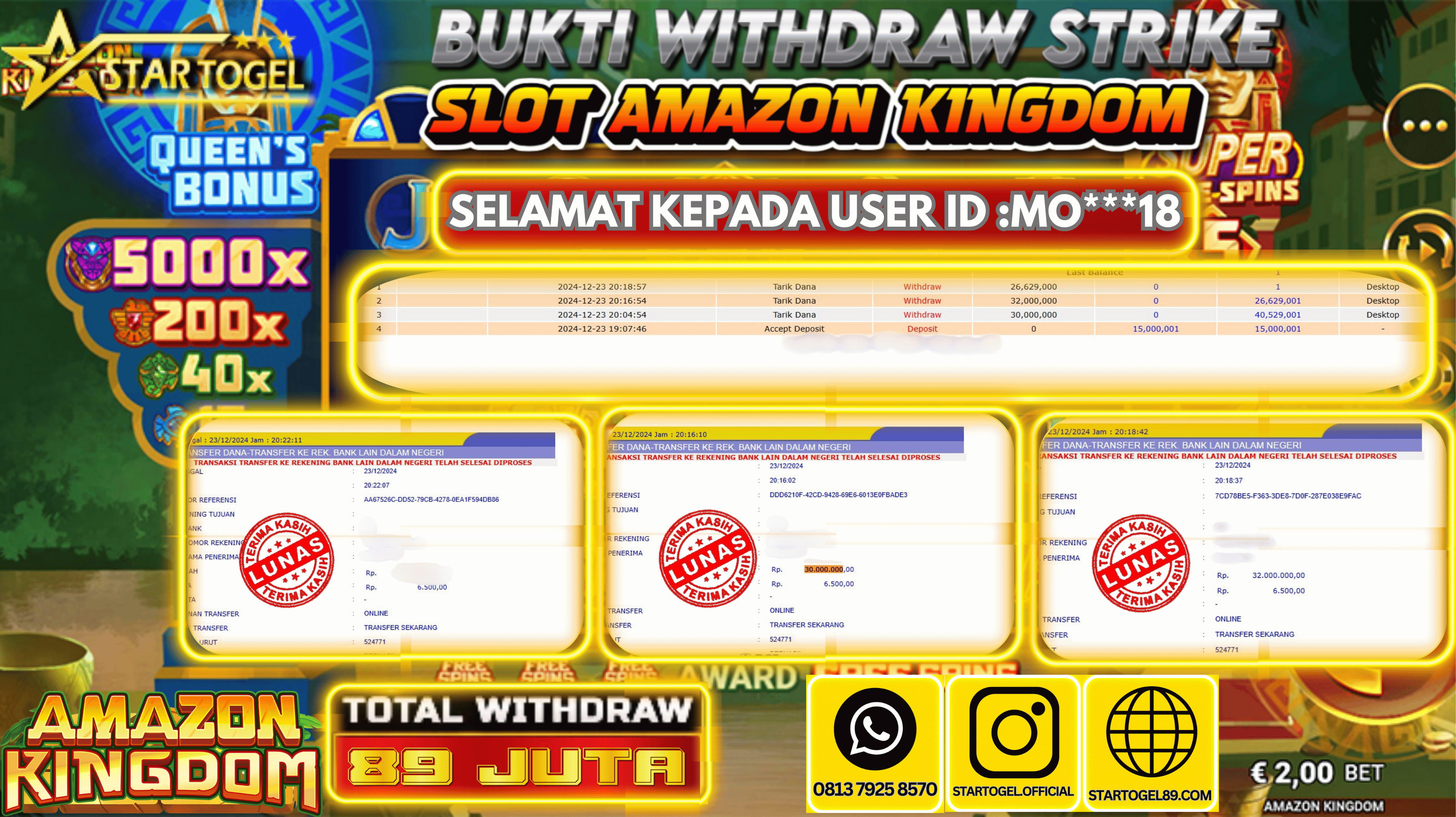 JACKPOT SLOT AMAZON KINGDOM MICROGAMING HINGGA 89 JUTA,  24 DESEMBER 2024