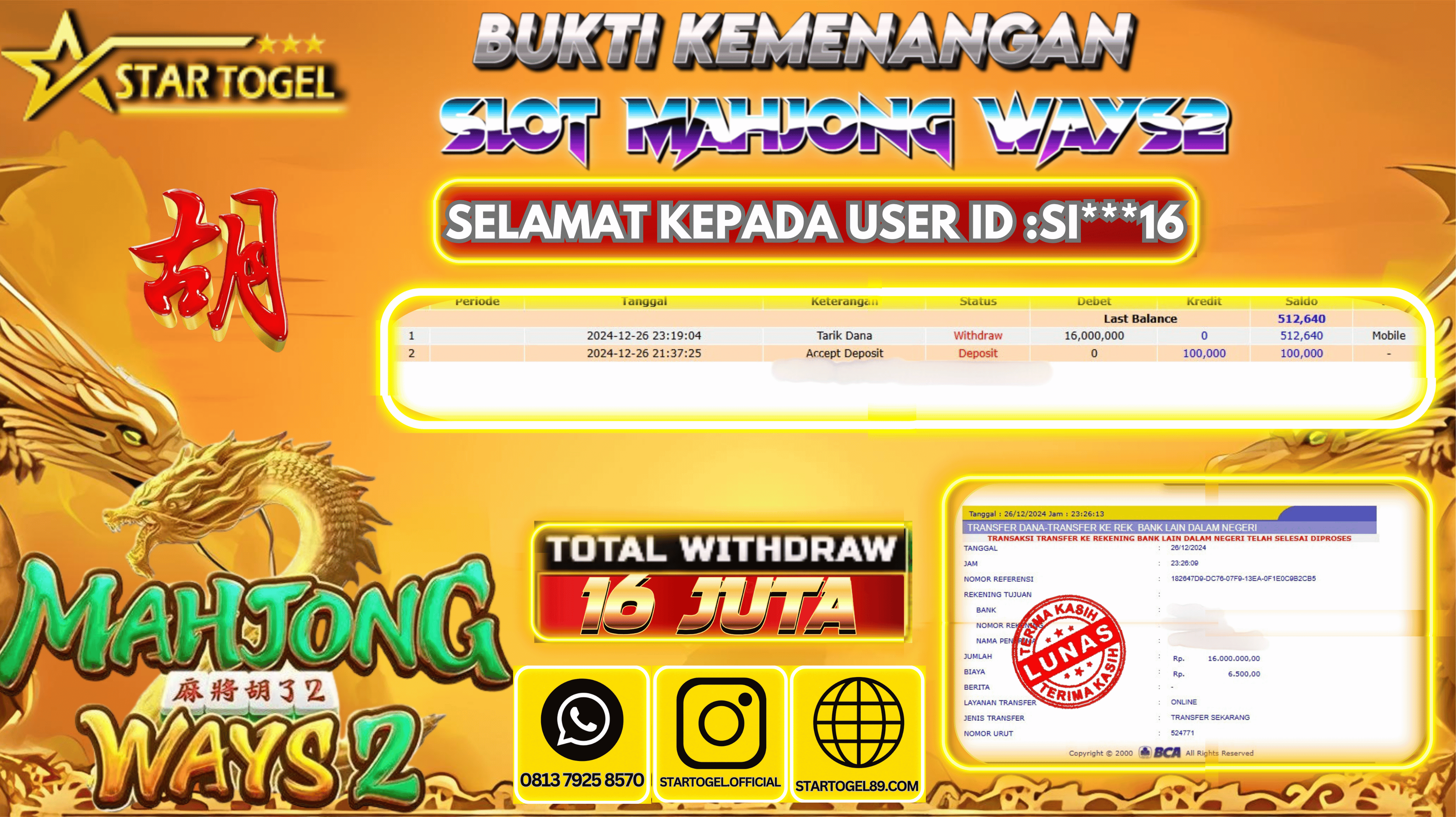 JACKPOT SLOT MAHJONG WAYS2 HINGGA 16 JUTA,26 DECEMBER 2024