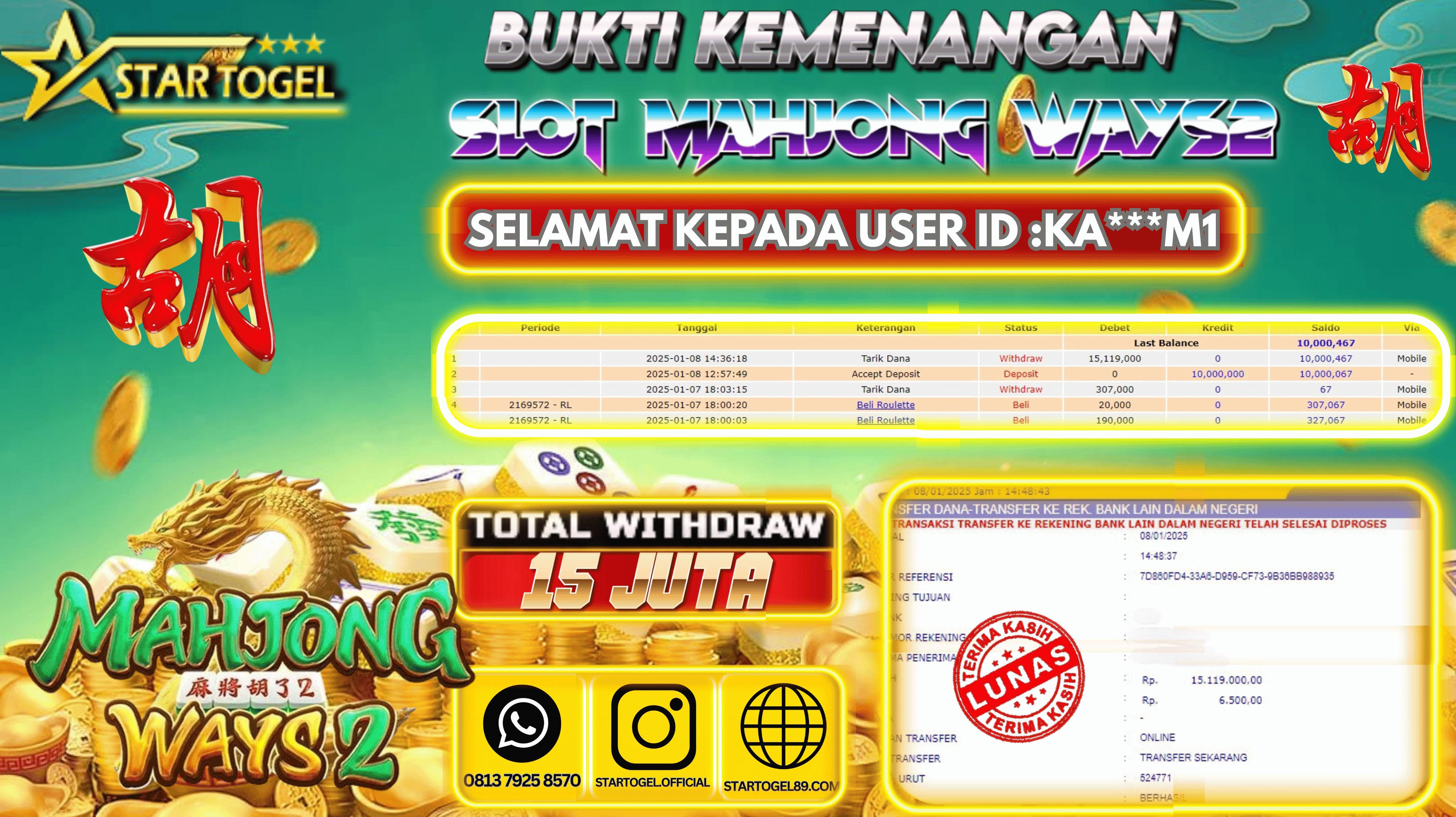 JACKPOT SLOT MAHJONG WAYS2 HINGGA 15 JUTA,  08 JANUARY 2025