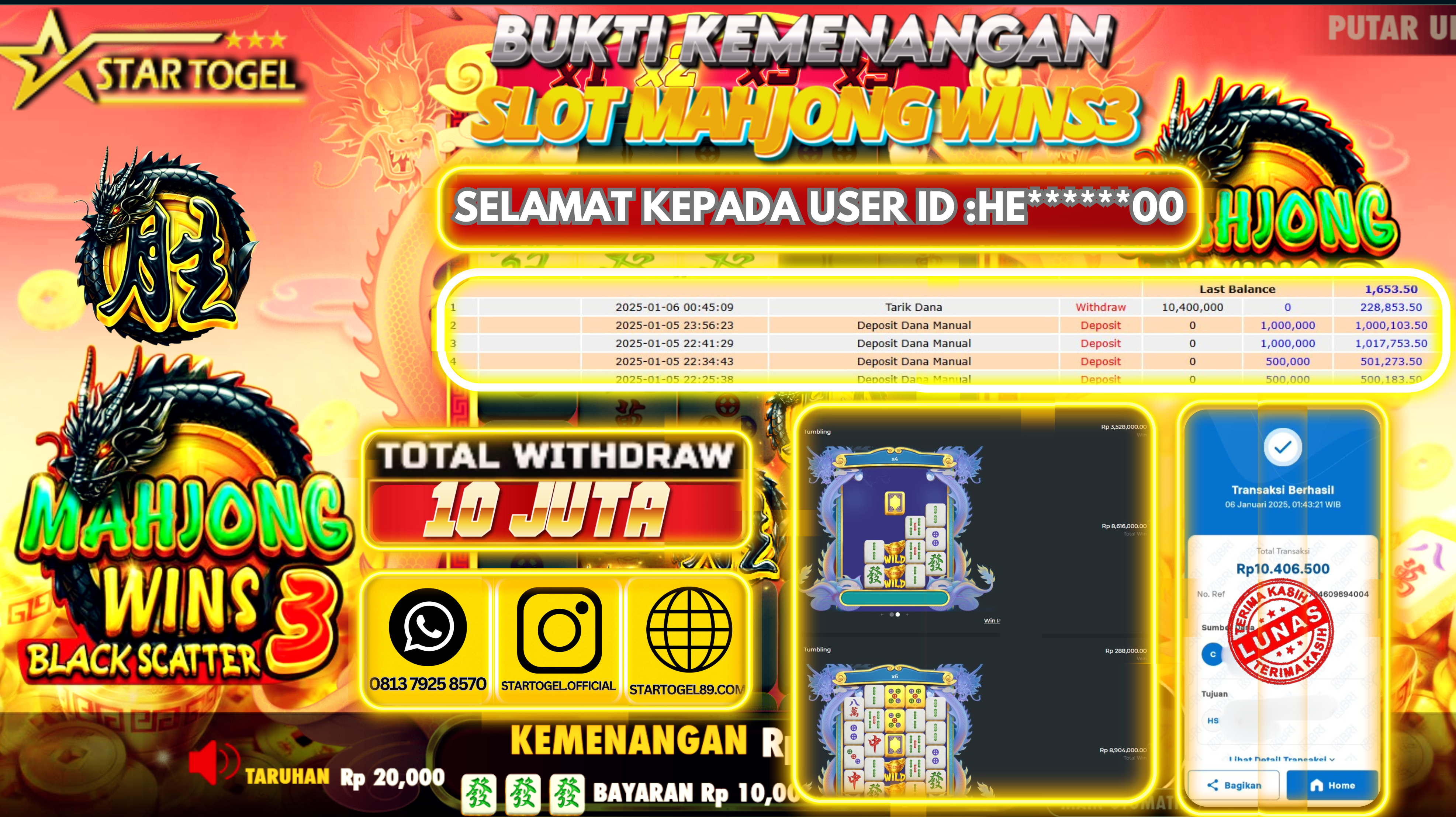 JACKPOT SLOT MAHJONG WINS3 HINGGA 10 JUTA,06 JANUARY 2025