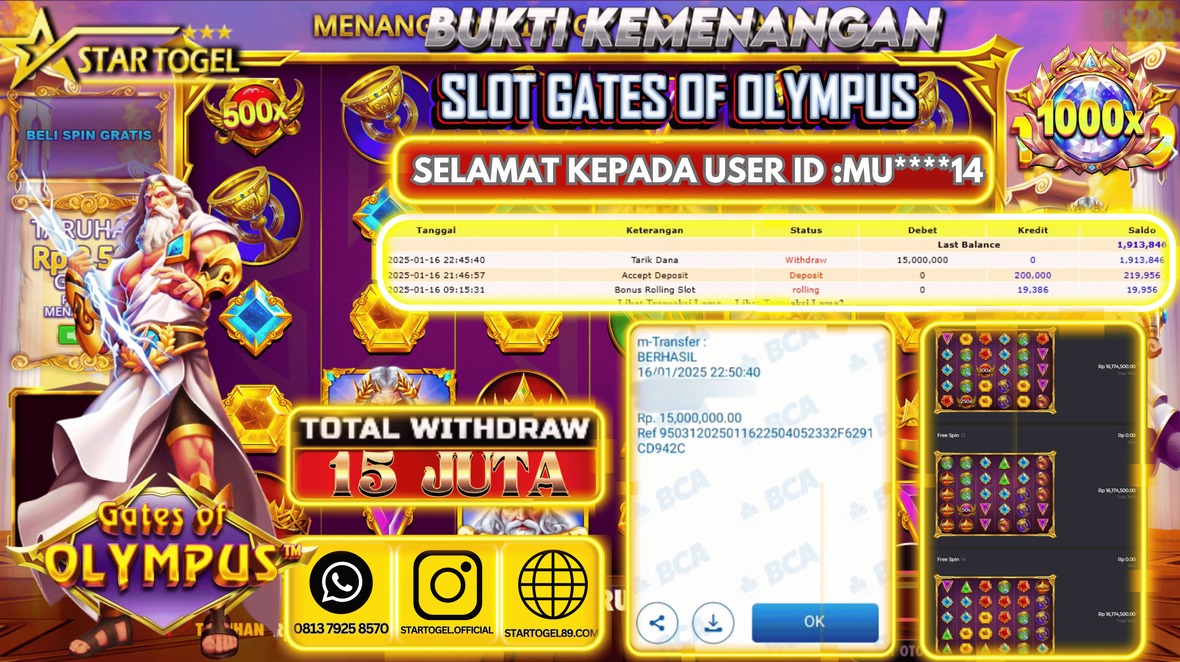 JACKPOT SLOT GATES OF OLYMPUS 1000 HINGGA 15 JUTA,  17 JANUARY 2025