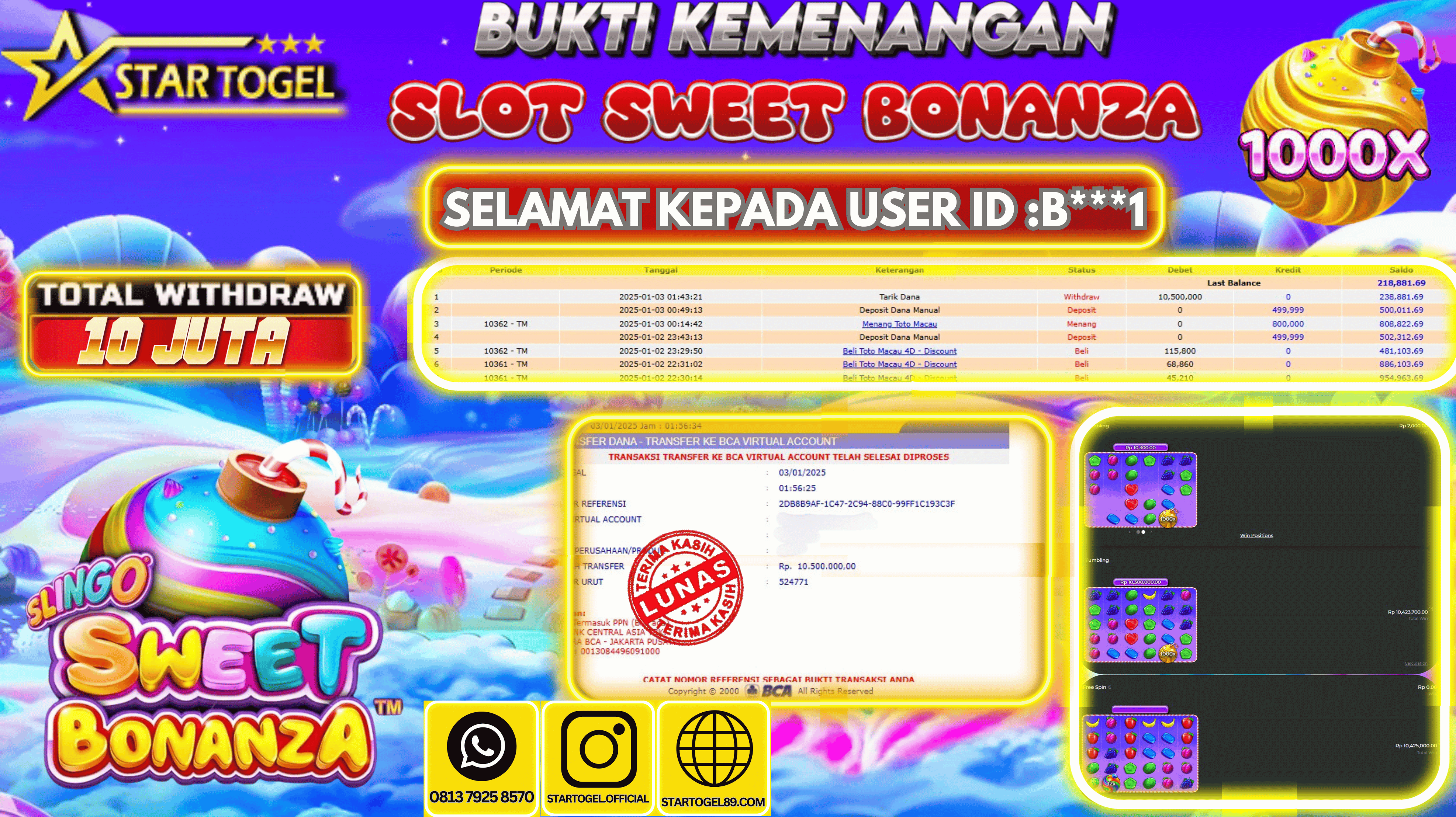 JACKPOT SLOT SWEET BONANZA HINGGA 10 JUTA, 03 JANUARY 2025