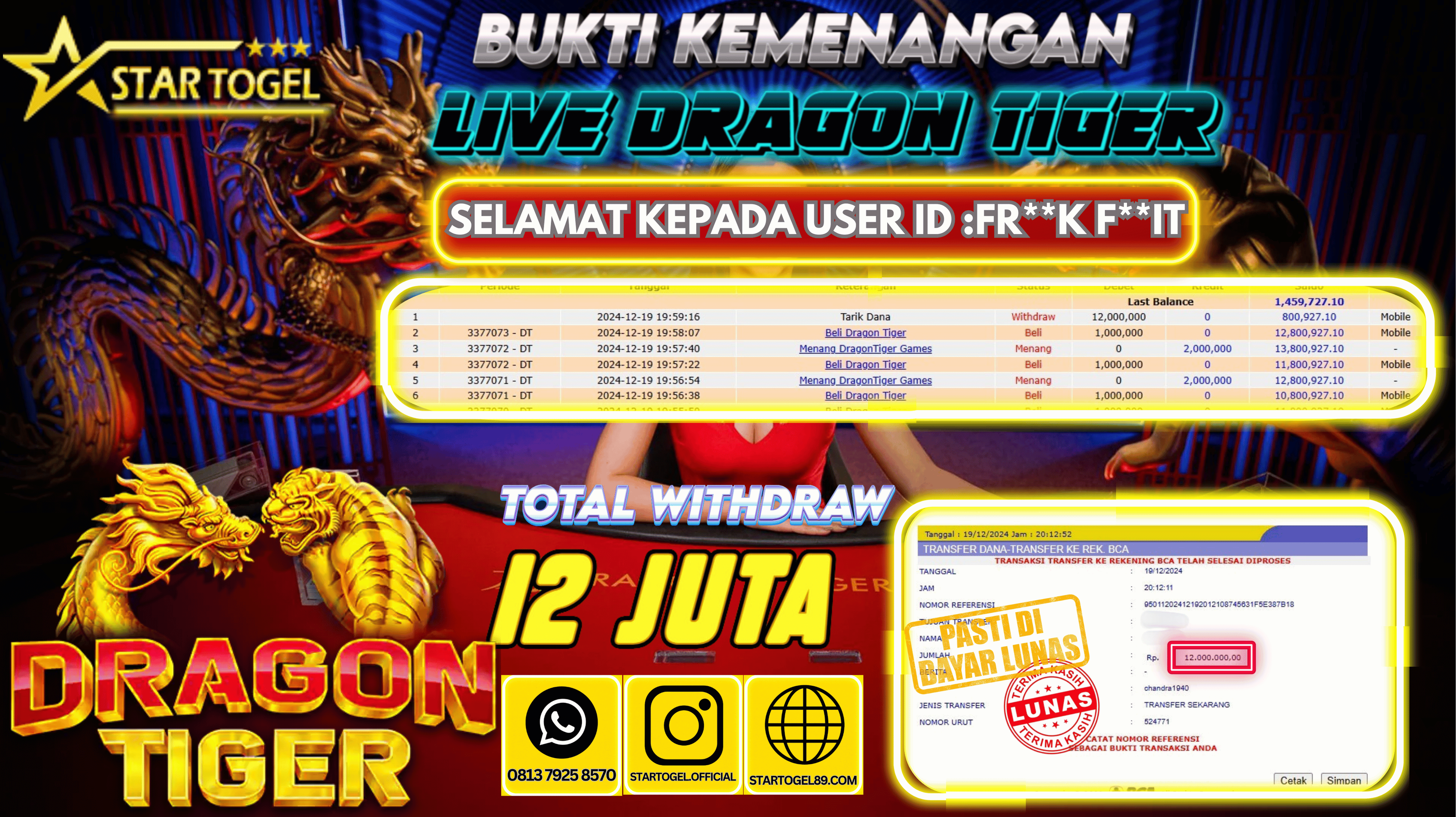 JACKPOT LIVE DRAGON TIGER HINGGA  12 JUTA, 19 DESEMBER 2024