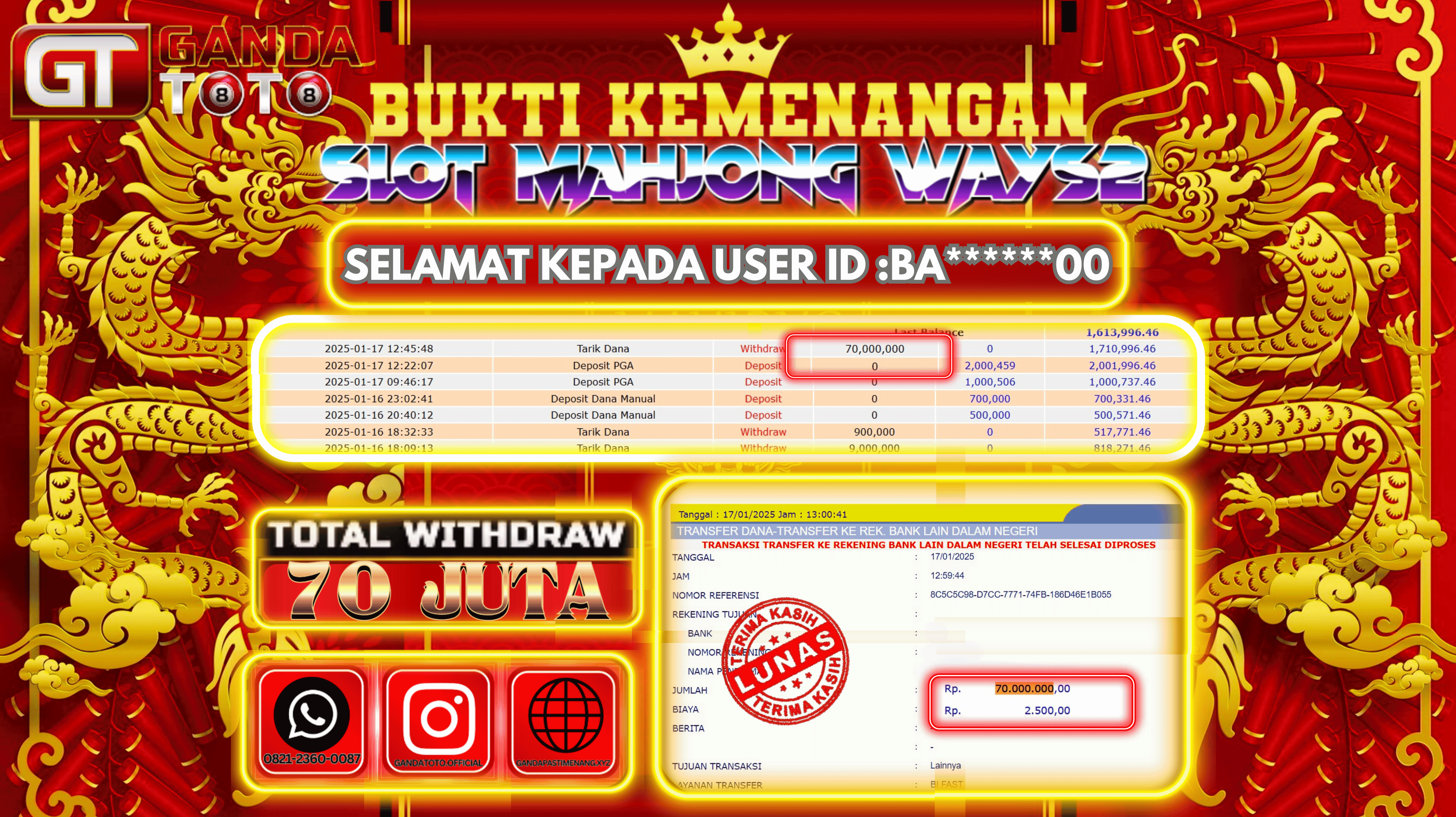 JACKPOT SLOT MAHJONG WAYS2 HINGGA 70 JUTA,  17 JANUARY 2025