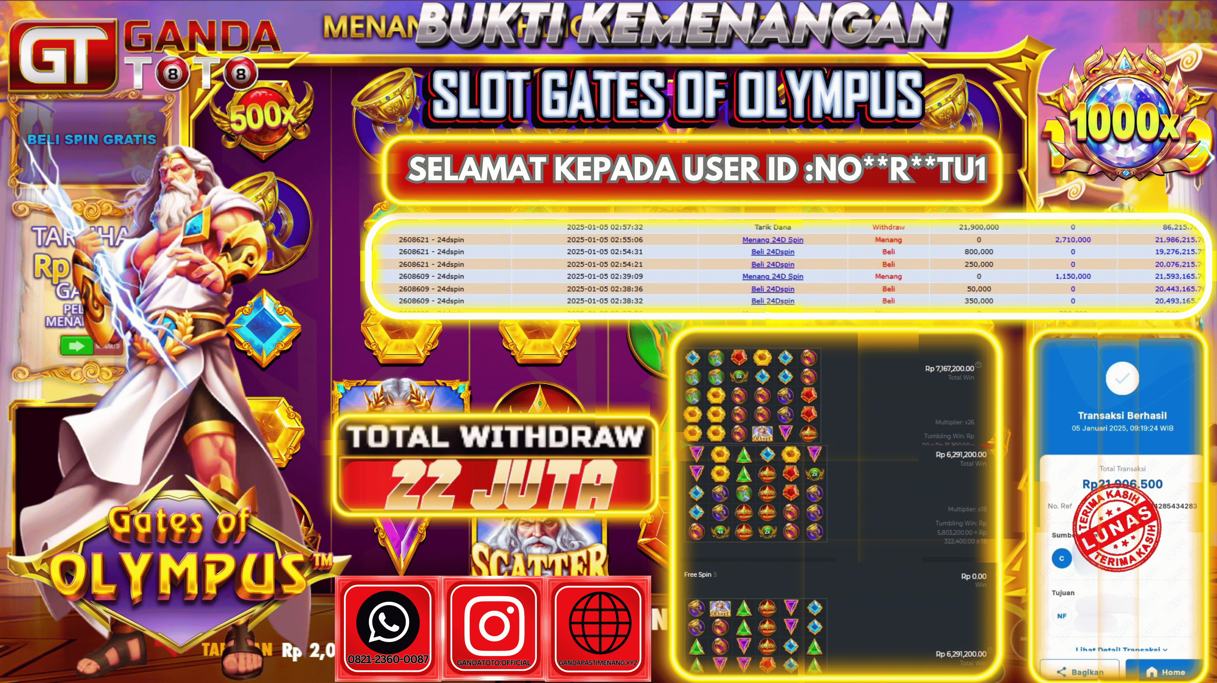 JACKPOT SLOT GATES OF OLYMPUS 1000 HINGGA 22 JUTA,  05 JANUARY 2025
