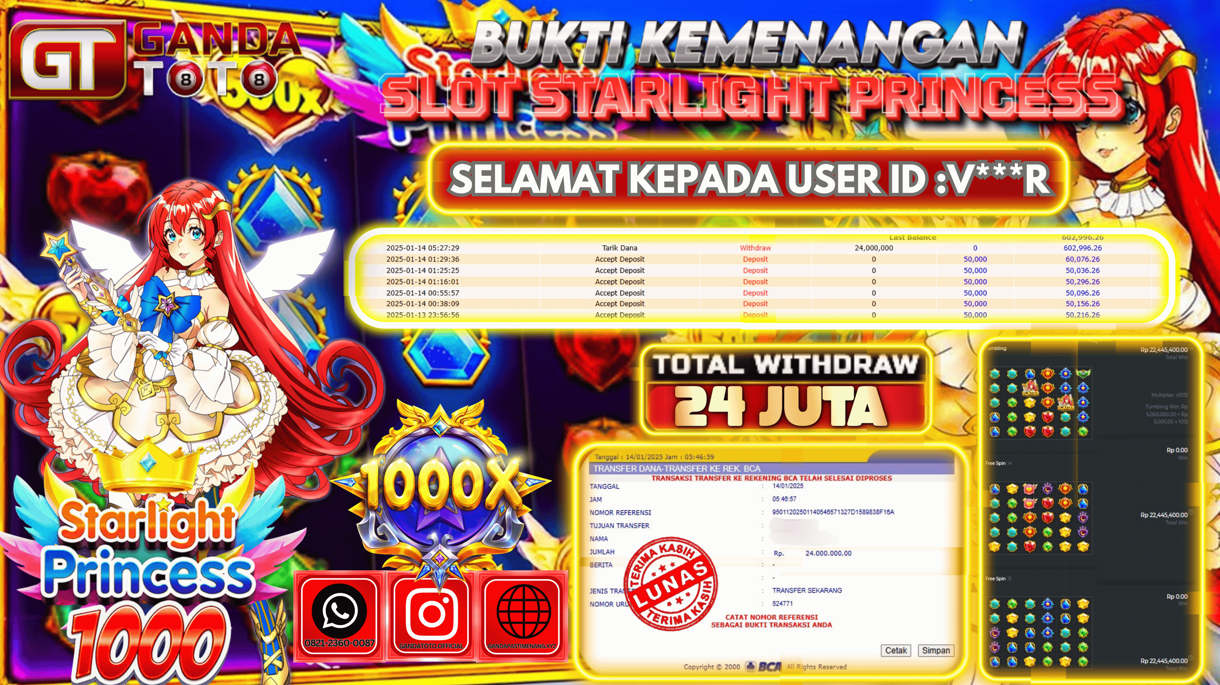 JACKPOT SLOT STARLIGHT PRINCESS HINGGA 24 JUTA,  14 JANUARY 2025
