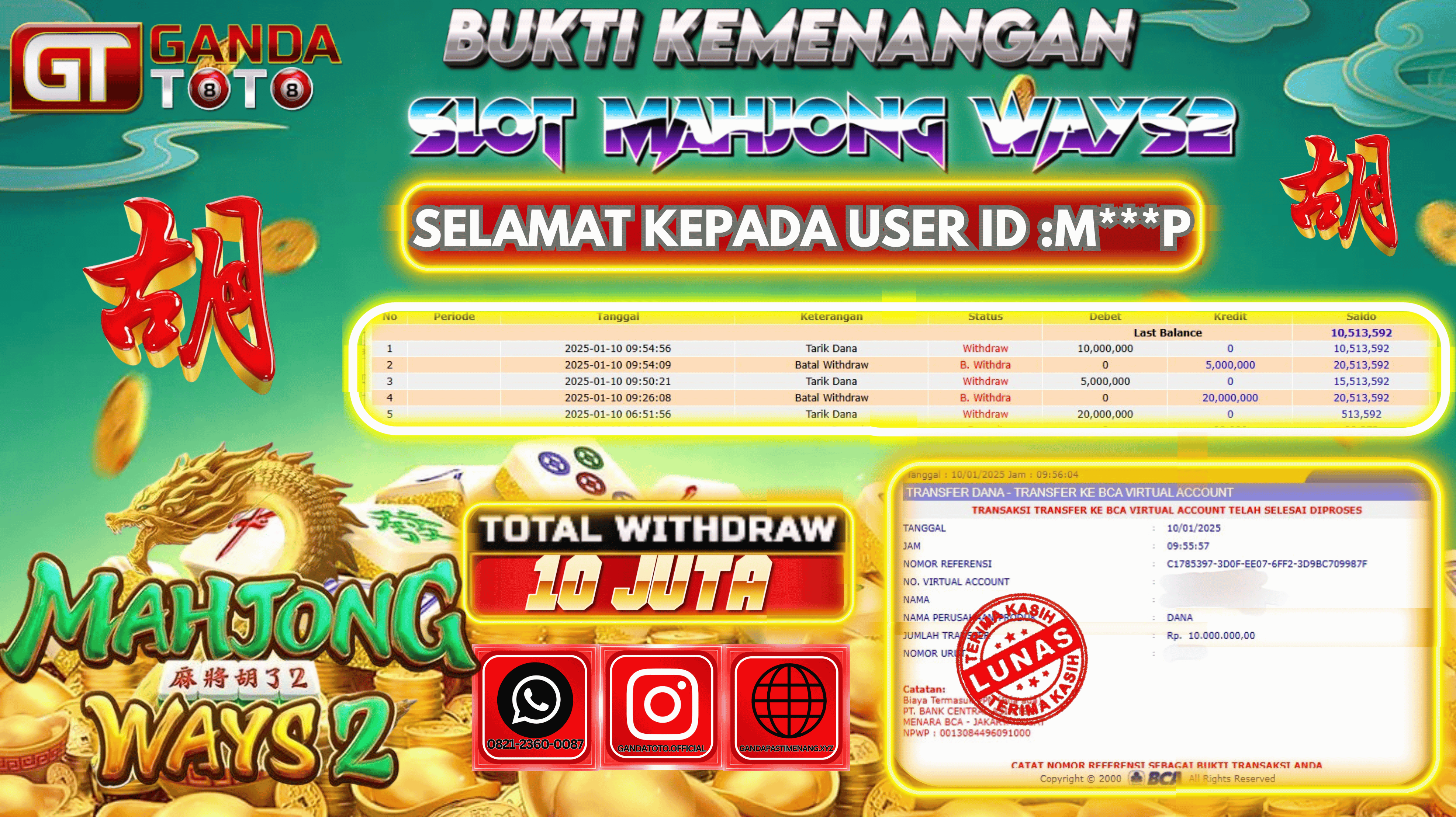JACKPOT SLOT MAHJONG WAYS2 HINGGA 10 JUTA,  10 JANUARY 2025