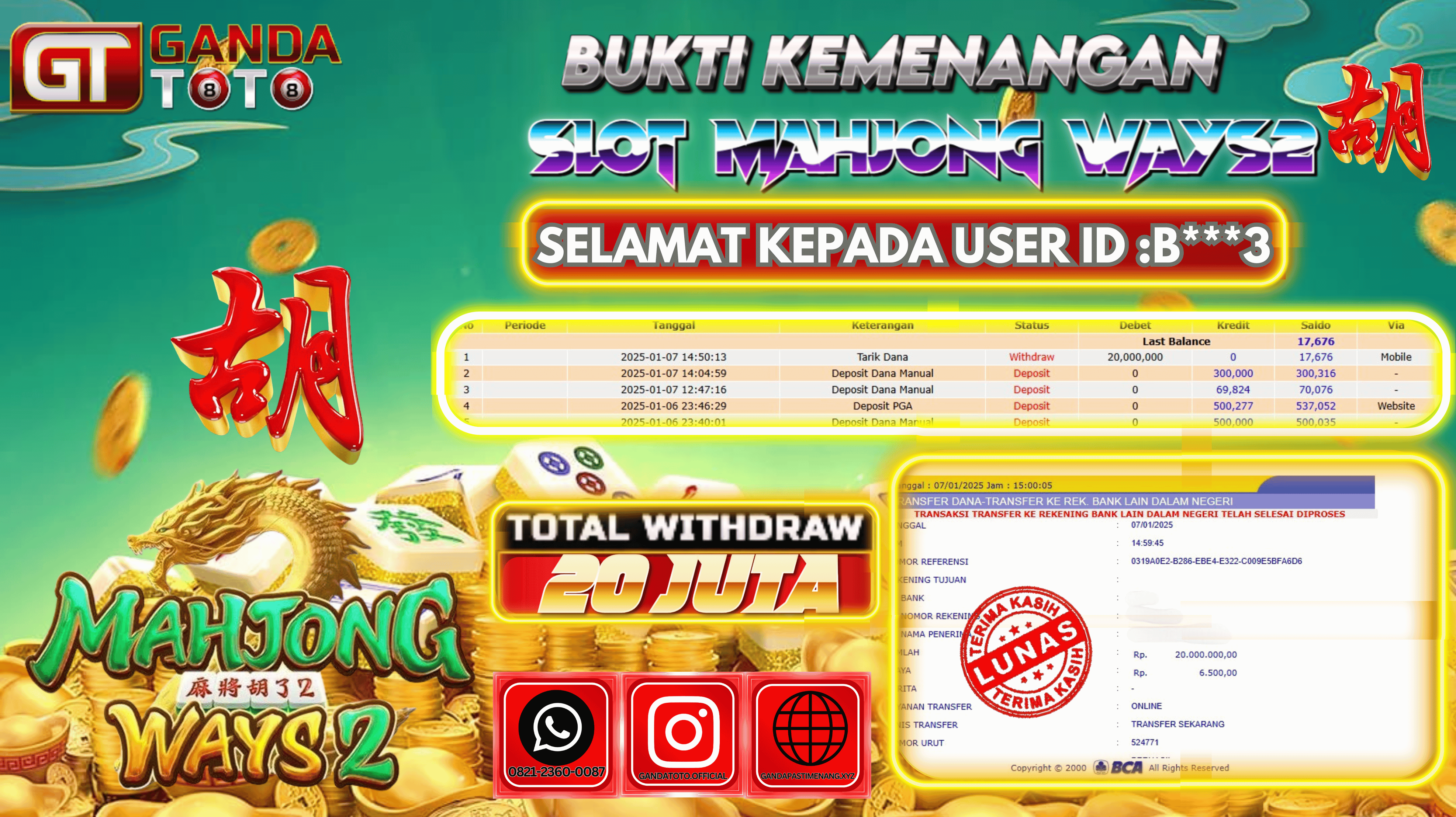 JACKPOT SLOT MAHJONG WAYS2 HINGGA 20 JUTA,  08 JANUARY 2025