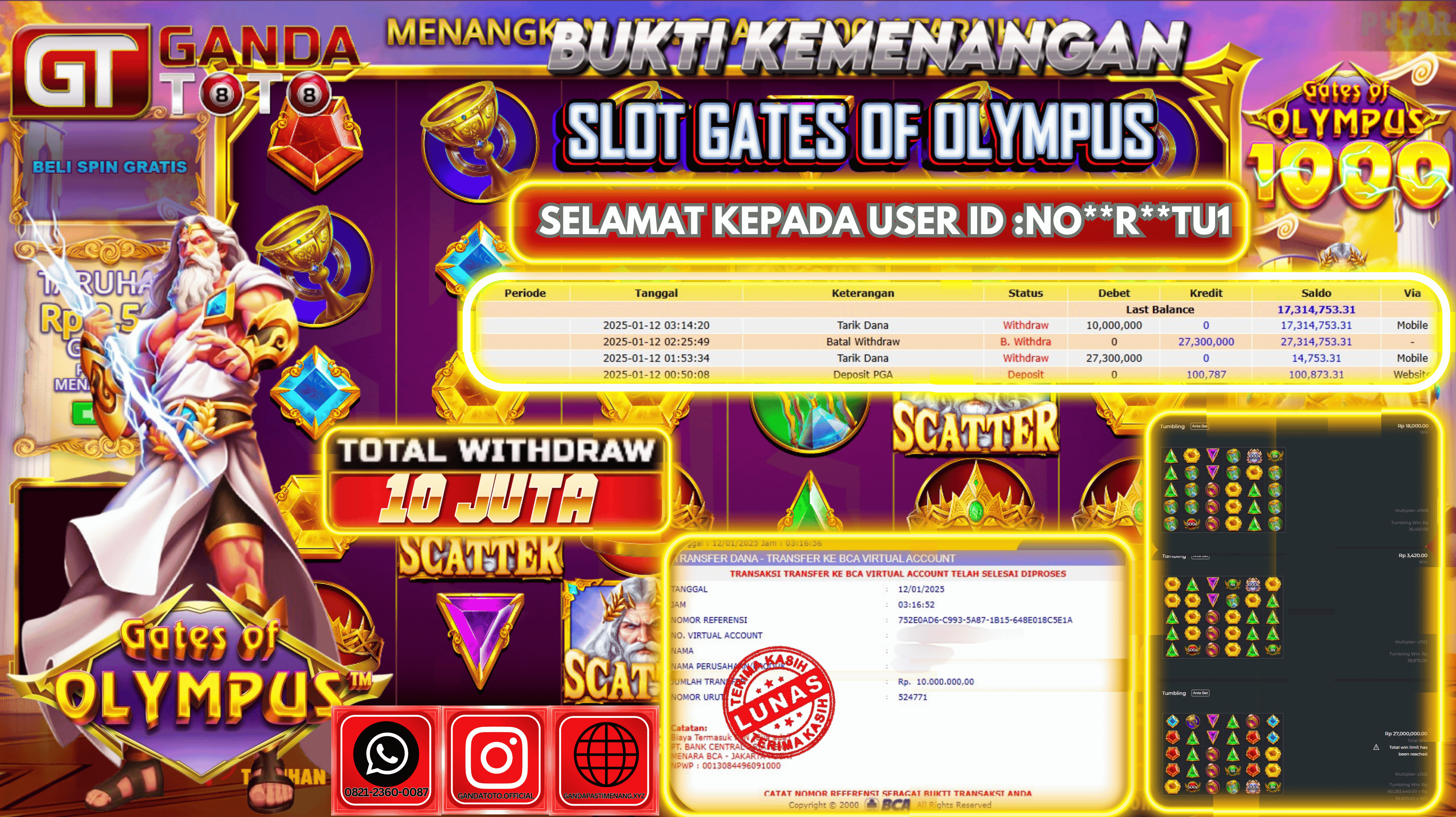 JACKPOT SLOT GATES OF OLYMPUS 1000 HINGGA 10 JUTA,  12 JANUARY 2025